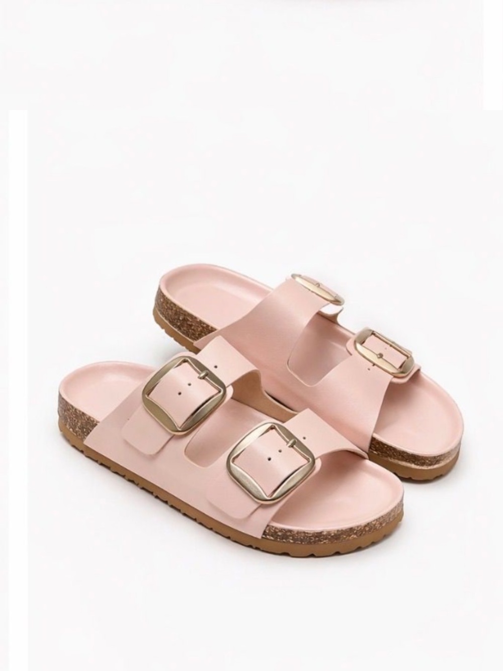 Minimal Double Buckles Slide Sandals - Cork Footbed - Leather Insole - Pink